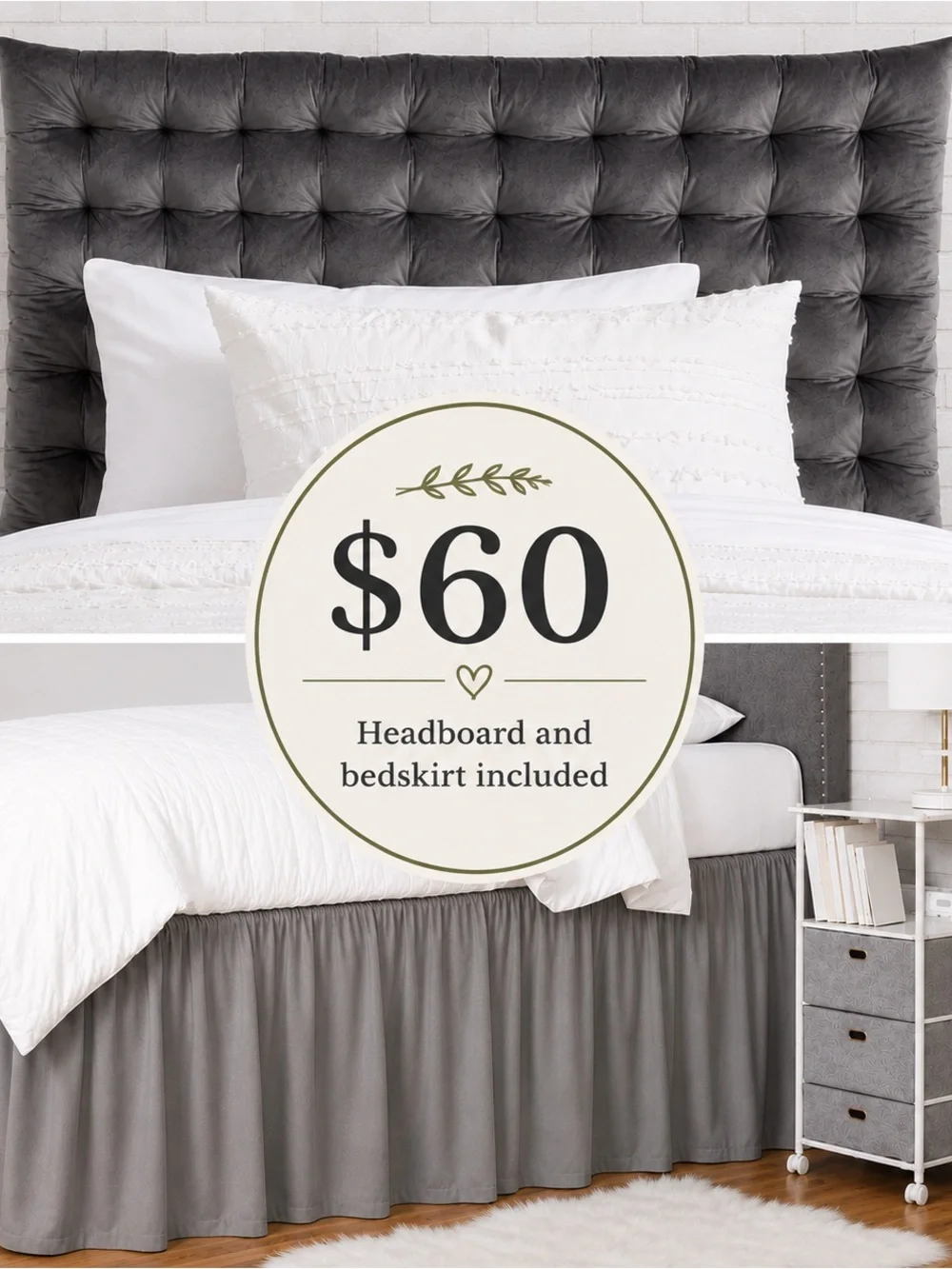 Dormify Grey Tufted Headboard with Matching Bedskirt
